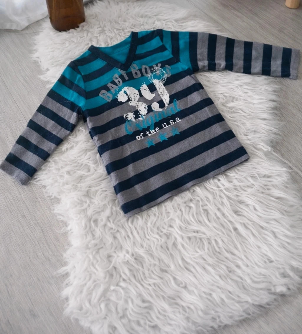 T‑shirt manches longues bébé garçon – Taille 12 mois – Rayé bleu & gris
